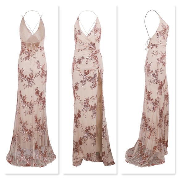 Sequined Mesh V-Neck Backless Hi Slit Long Dress - Picture 5 of 12